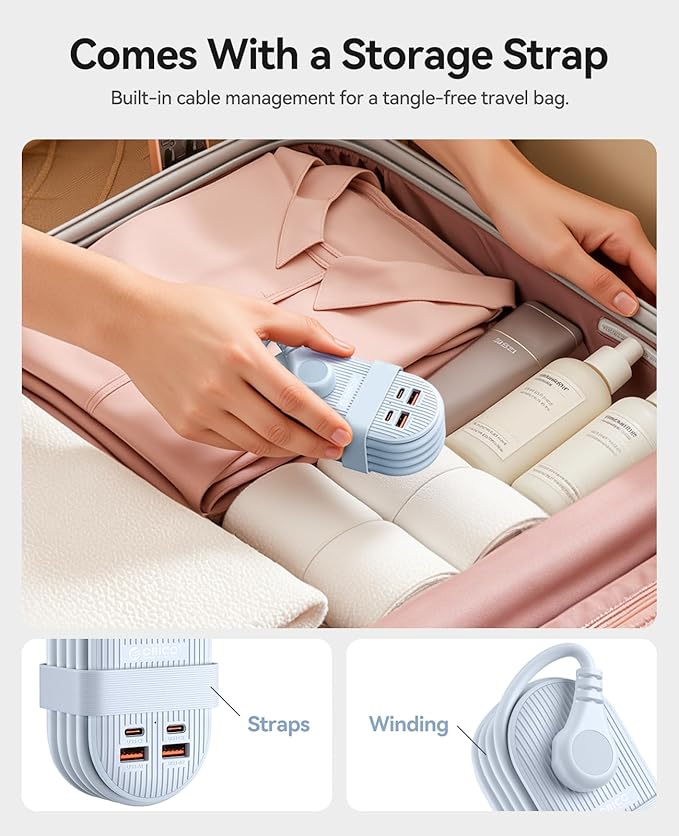 ORICO 22.5W Travel Power Strip, 7 in 1 Charging Station with 3AC, 2 USB-A, 2 USB-C, 4ft Thin Extension Cord, Flat Plug Fashion Essential for Travel/Home/Office/Library/Dorm -TK22