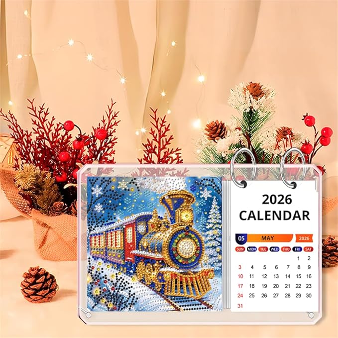 2026 Standing Desk Calendar DIY Diamond Art Painting Monthly Flip Desktop Calendar Mosaic Kits Acrylic Tabletop Calendars Diamond Art Craft Supplies Planner for Office Home Decor-Train