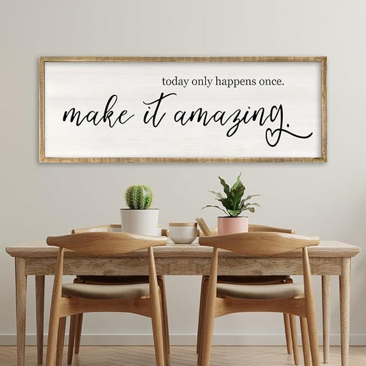 RLWangChao Today Only Happens Once Make It Amazing Wall Art Decor 32x12 Inch Large Inspirational Quote Sign Rustic Living Room Vintage Wood Frame Office Motivational Home Wall Hanging (Wood)