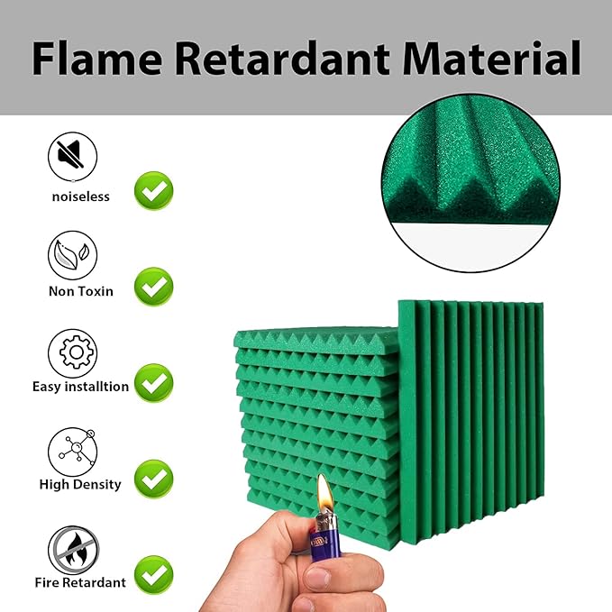 24 Pack Sound Proof Foam Panels | 1"×12"×12" Quick-Recovery Soundproof Wall Panels | High Density Sound Dampening Panels for Home Studio | With Adhesive Stickers 120PCS (Green)