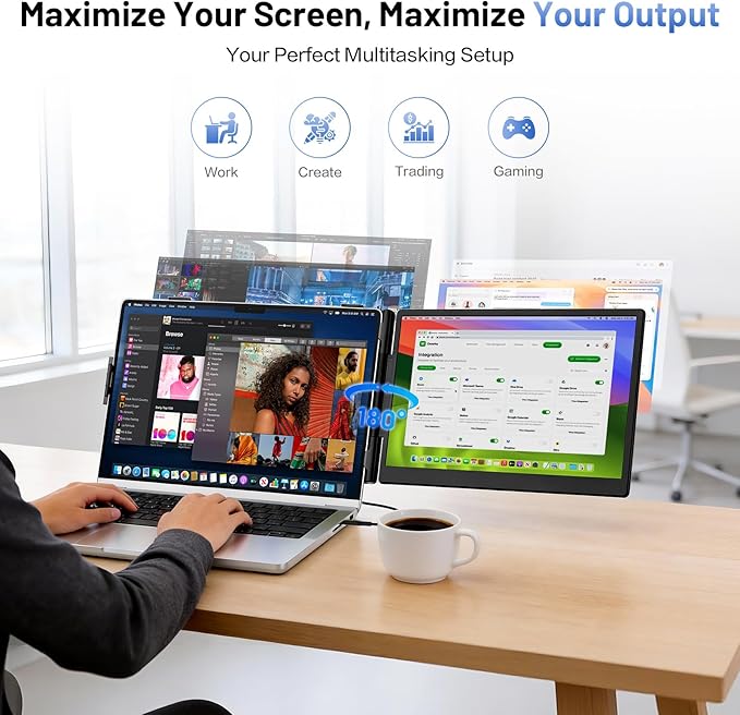 Laptop Screen Extender, 14” FHD 1080P Portable Monitor for Laptop with 100% sRGB, Dual Screen Extender for Laptop 13–17.3”, Plug & Play External Monitor, Business Travel & Home Office