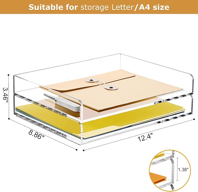2-Tier Acrylic Stackable Letter Tray Paper Organizer Trays for Desk,Clear | Horizontal File Paper Sorter, Office Supplies Accessories Storage for Letter/A4 Size Folders Documents 12.4inx8.86inx3.46in