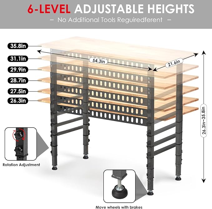 OLBRUS 54.3 "Adjustable Workbench with Power Outlet, Heavy Duty 2000 LBS Load Capacity Hardwood Workbench Suitable for Workshop, Office, Garage, Home (Rubber Pad丨Power Outlets 54.3"x21.6")