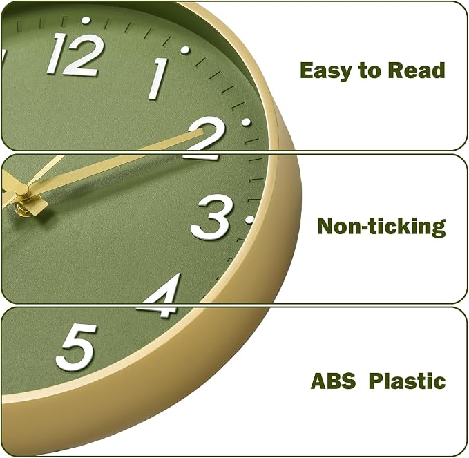 Mosewa 12 Inch Wall Clock Battery Operated Silent Non Ticking Analog | Olive green & gold modern clock; oversized 3D easy-read dial for kitchen, bedroom & office; 1 AA battery (not included)