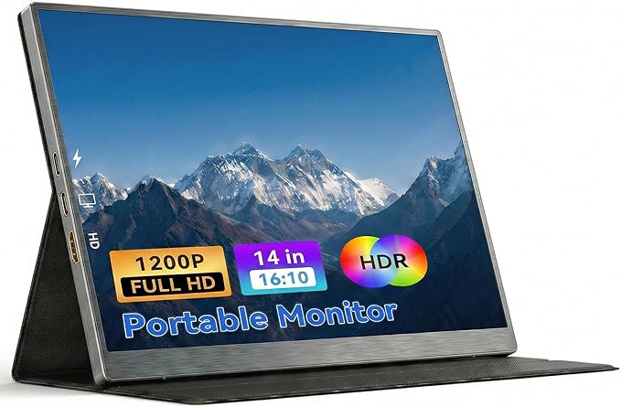 14 Inch Portable Monitor 1920x1200 IPS 16:10 Laptop Screen Extender, HDR FreeSync USB-C HDMI External Travel Monitor with Smart Cover & Dual Speakers for Mac PC PS5 Xbox Switch