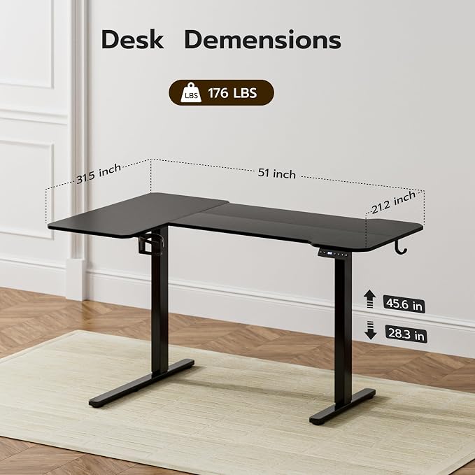 Acrolix L Shaped Electric Standing Desk - 51x31.5 Inch Reversible Corner Sit Stand Desk with Hook&Cup Holder,Electric Height Adjustable Table,for Small Home Office&Bedroom Computer Desk, Black