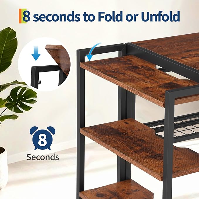 GarveeLife 35 inch Folding Desk Writing Computer Desk with Storage Shelf,Spaces Saving Writing Sturdy Table No Assembly,for for Bedroom, Home Office, Dorm, Apartment, Brown