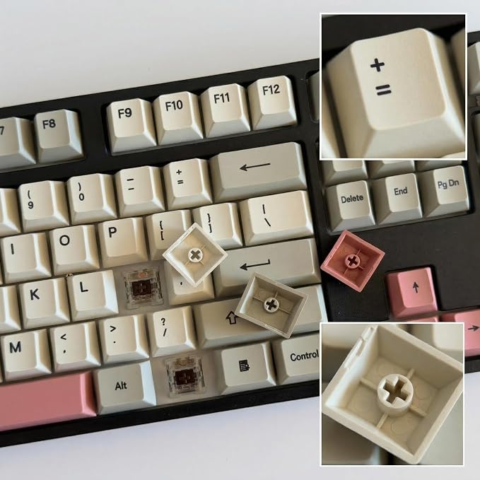 Retro 9009 Keycaps 148 Keys, Beige Grey PBT Dye-Sub Keycap Set with Pink Accents Cherry Profile for 61/64/68/84/87/100/104/108 Mechanical Keyboard Cherry Mx Switches