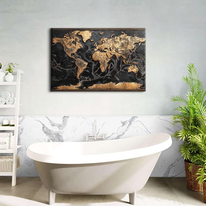 Large Canvas Wall Art World Map for Office Wall Decorations Black and Gold Map of The World Picture Prints Abstract Golden Luxury World Maps Painting Poster Artwork Boys Men Bedroom Home Decor 32x48"