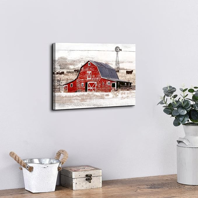 Farmhouse Barn Wall Art Kitchen Wall Decor Rustic Windmill Meadow Landscape Picture Canvas Prints Vintage Farm House Red Barn Scenery Painting Countryside Cow Poster Artwork Home Decorations 12x16”
