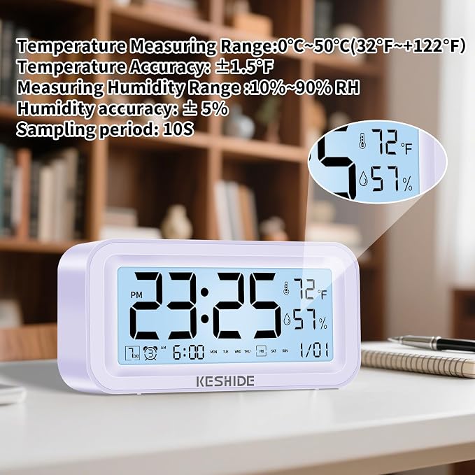 Night Light Digital Alarm Clock Battery Operated with Indoor Temperature Humidity, Desk Small Clock,Snooze Model,12/24H Display for Bedrooms Heavy Sleepers Kids Travel Bathroom (Purple)