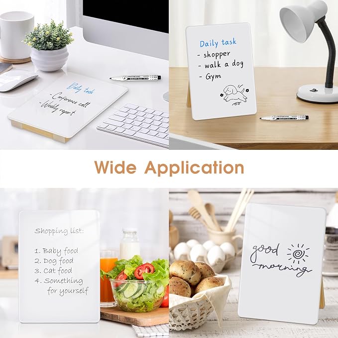 Desktop Glass Dry Erase Board, 11" x 8.2", Adjustable Wood Stand, Reusable | Small Glass Whiteboard, Desk Notepad for Home Office