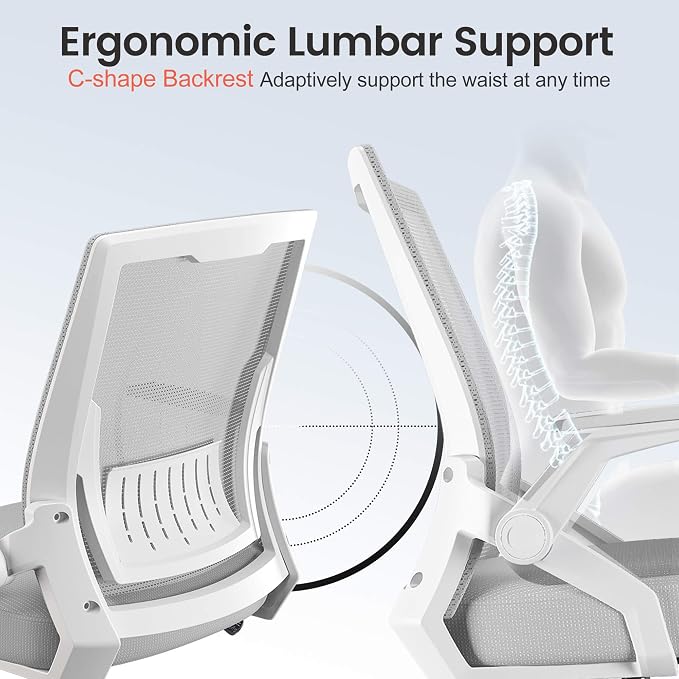 COMHOMA Office Chair with Flip-up Armrests Ergonomic Computer Desk Chair with Adaptive Lumbar Support & Breathable Mesh, Gray