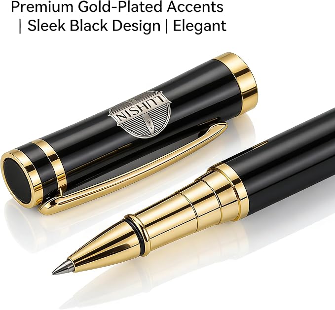LUHSIN Premium Black Lacquer Rollerball Pen with Gold Trim - 0.5mm Smooth Writing Business Pen, Luxury Executive Gift Set for Men & Women, Office Signature Pen