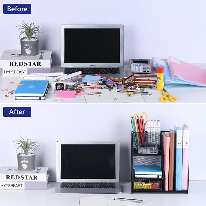 Topwey Desk Organizers and Acceessories for Office School Study | 2-Tier Paper, Letter Tray, 1 Drawer and 2 Pen Holder