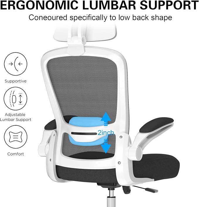 Mimoglad Office Chair, Comfy Desk Chair - High Back Ergonomic Computer Chair with Adjustable Lumbar Support & Headrest, Flip-up Armrests for Guitar Playing, Swivel Task Chair for Home and Office