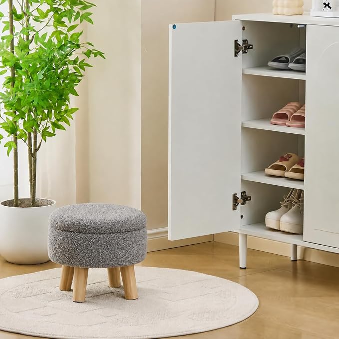 Wimarsbon Storage Ottoman, Modern Round Footrest with Soft Padded Seat, Teddy Velvet Footstool with Wood Legs, Accent Small Table or Plant Stand for Hallway, Living Room (Grey)