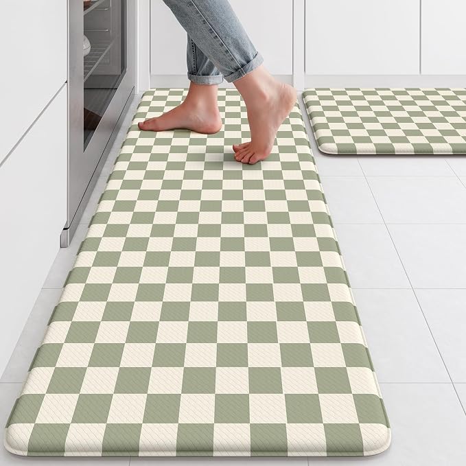 KIMODE Anti Fatigue Kitchen Mats for Floor,Farmhouse Kitchen Rugs Sets of 2 | Cushioned Kitchen Floor Mats, Light Green Standing Desk Mat, Checkered Laundry Room Rugs for Bath Sink Home Summer Decor RV