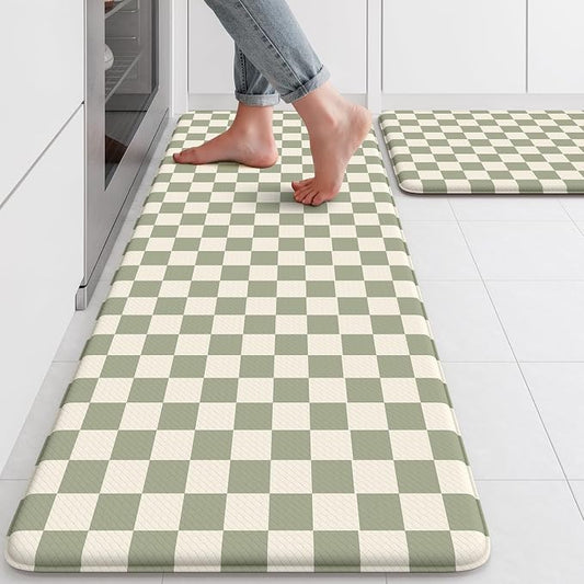 KIMODE Anti Fatigue Kitchen Mats for Floor,Farmhouse Kitchen Rugs Sets of 2 | Cushioned Kitchen Floor Mats, Light Green Standing Desk Mat, Checkered Laundry Room Rugs for Bath Sink Home Summer Decor RV