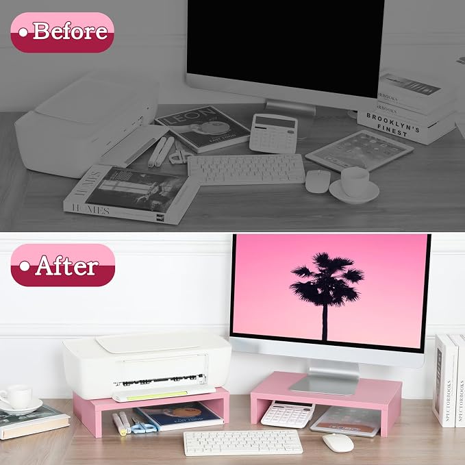 TEAMIX Pink Monitor Stand Riser - 2 PackS, Wood | Dual Stand for 2 monitors. Holds 80 lbs, Stack or Separate Adjustable Use, Fits laptop, TV, PC. For Home Office, Gaming