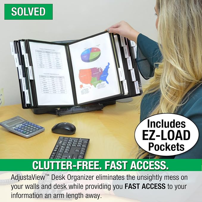 Ultimate Office AdjustaView 20-Pocket Desk Reference Organizer with Easy-Load Pockets and Compact Weighted Base for Stability, Black Pockets