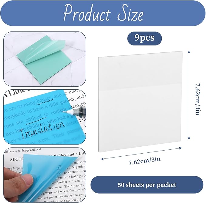 400 Sheets Transparent Sticky Notes, 3 x 3 Inch See Through Sticky Notes Multi Colors Self-Adhesive Translucent Note Clear Waterproof Stickys Note Pads for Reading Writing Office School Supply(8 Pads)