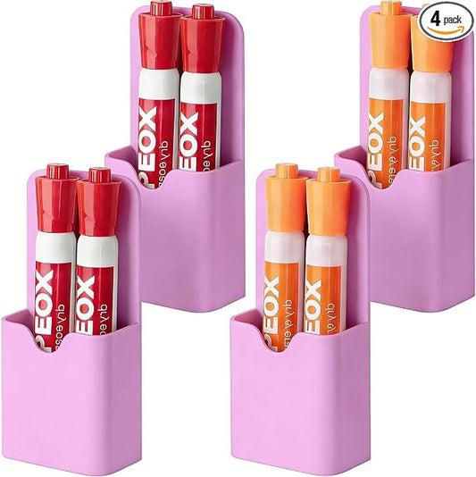 BEYGORM 4 Pack Magnetic Pen Holder for Whiteboard, Upgraded 1.5 mm Pencil Cup Organizer for Dry Erase Markers, Ideal Classroom, Office, Refrigerator, Locker (Purple)