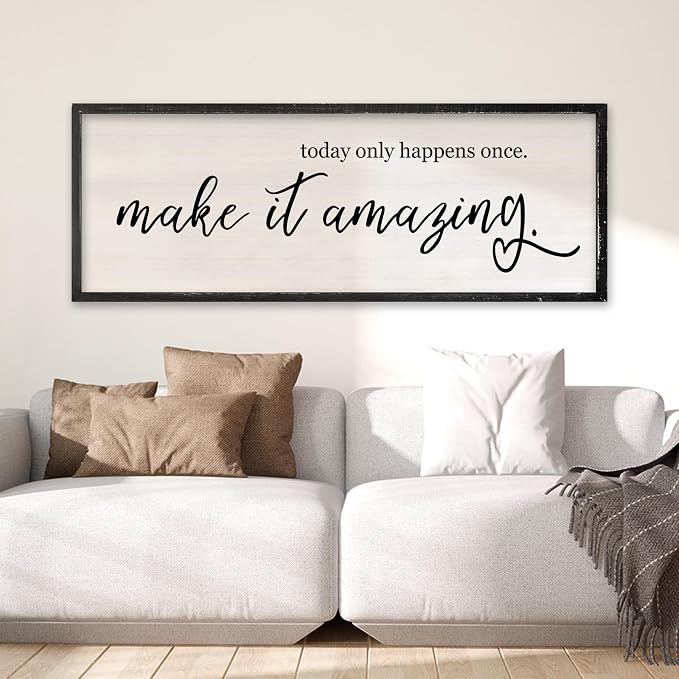 RLWangChao Today Only Happens Once Make It Amazing Wall Art Decor 32x12 Inch Large Inspirational Quote Sign Rustic Living Room Vintage Wood Frame Office Motivational Home Wall Hanging (Black)