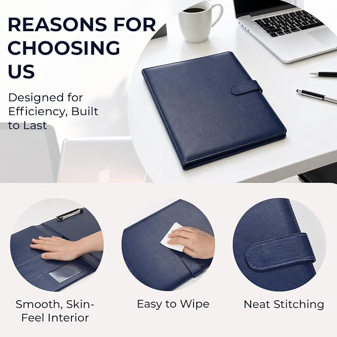 Professional Padfolio with Clipboard, Faux Leather Portfolio Folder Binder, Legal Pad Holder for A4 Letter Size Notepad, Resume, Writing Pad, Ideal Organizer for Business Office Conference (Blue)
