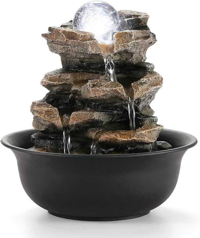 WICHEMI Water Fountains Indoor Waterfall Fountain Tabletop Fountain Water Feature Indoor Stacked Rocks Feng Shui Zen Meditation Relaxation Fountain with LED Light Indoor Spaces Desktop Decor (Style 5)