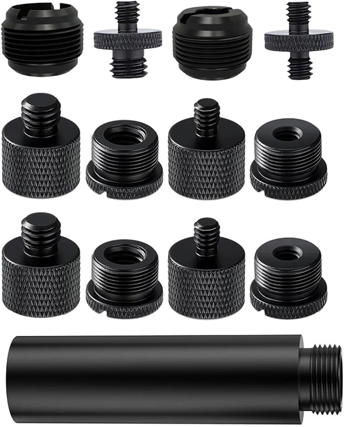 13 Pack Microphone Stand Adapter Screws with Extension Tube,Black Aluminum Alloy,3/8 to 5/8 and 1/4 Threaded Screw Mount for Mic Boom Arm,Camera Tripod,Projector Stand Arm,Fill Light