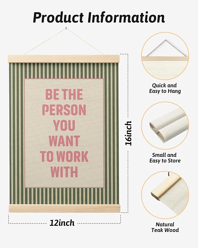 FGFK Inspirational Office Wall Art Poster Hanger Frame, Retro Pink and Green Be the Person You Want to Work with Motivational Teamwork Canvas Prints Framed Wall Decor for Office Workplace, 12x16 Inch