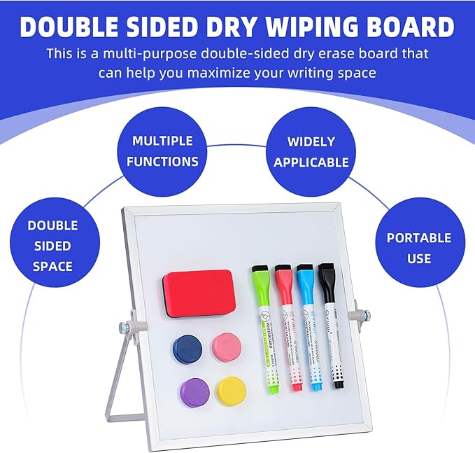 MXG Double Sided Magnetic Dry Erase Board, 10x10 Inch Portable Small White Board with Stand, 360 Rotatable & Adjustable, Includes Markers, Eraser & Magnets, for Office, Home, Desk