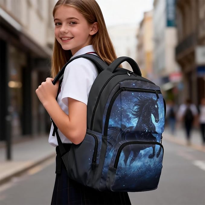 Horse Backpack with Lunch Bag for School Boys School Bags Large 17 Inch Lightweight Bookbags with Padded Zippered Pocket for Kids Teens Ages 8-10