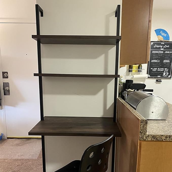 Wall Mount Desk 3 Tiers Wall Table Wall Mount Computer Writing Table Industrial Bookcase Desk Brown and Black for Homes Office School