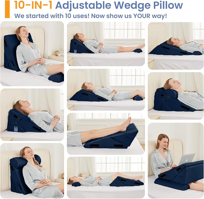 Sasttie Adjustable Wedge Pillow Set for After Surgery, Navy | 2PCS Bed Wedge Pillow Headboard with Memory Foam Neck Cushion, for Acid Reflux, Sleeping, Neck & Back Support