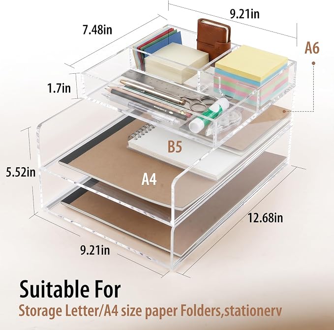 3 Pack Acrylic Paper Tray Organizer for Desk Clear File Organizer,Acrylic Desk Organizers and Accessories Sorter,Perfect for File Paper, Ipad, Letter, A4 Office File, Books, Notes.(Vertical)
