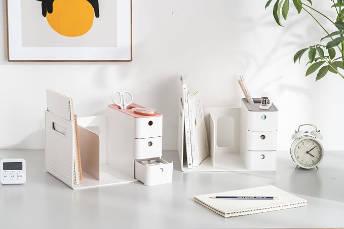 White Plastic Desktop Organizer with File slots,3-tier Drawers with Pen Holder,Book Stand for Office Supplies and Desk Accessories (White+Grey)