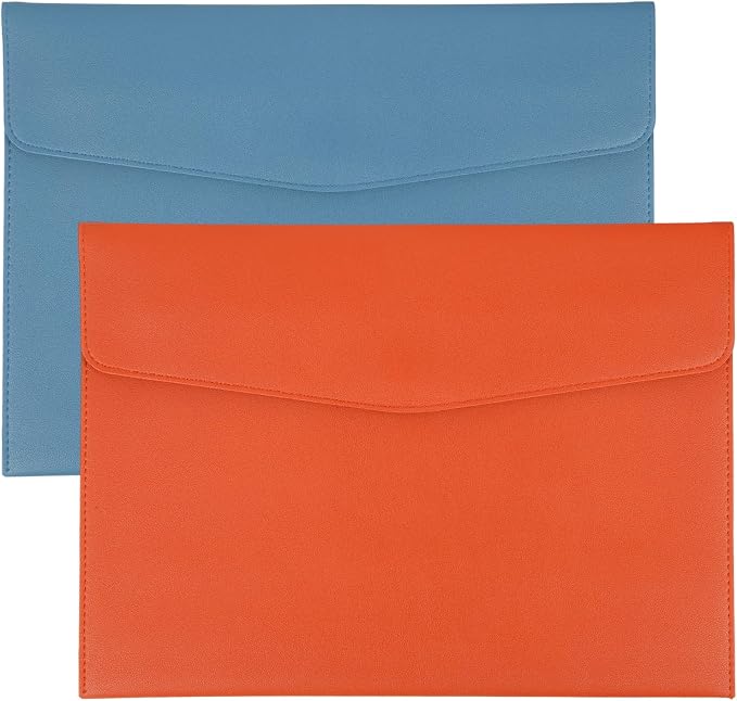 PATIKIL 2Pcs PU Leather A4 File Folder, Document Holder Envelope Waterproof Napa Texture Filing Organizer Portfolio Folder Case with Magnetic Snap for Home Office, Light Blue, Orange