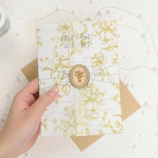 UNIQOOO Wax Seal Stickers - Vintage Photo Frame Floral Bouquet Wedding Invitation Envelope Seal Stickers, 50 Pcs Self-Adhesive Light Gold Stickers, Perfect for Invitation, Christmas, Gift Wrapping