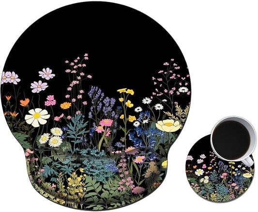 Mouse Pad with Wrist Support Gel, Ergonomic Mouse Pad with Comfortable Wrist Rest, Gaming Mousepad Non-Slip PU Base for Laptop Office Easy Typing & Pain Relief,Midnight Flowers