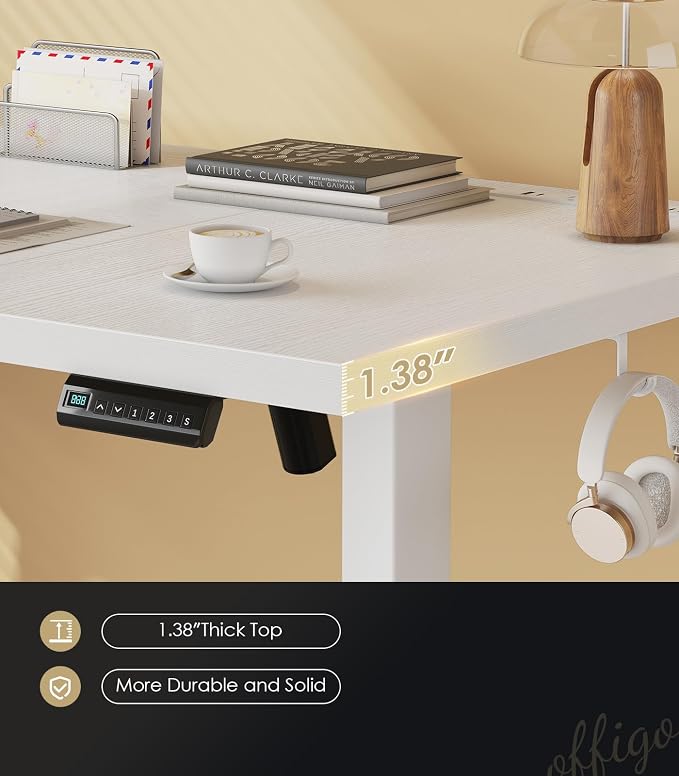 OffiGo 71 Inch Executive Electric Standing Desk Height Adjustable, White | 1.38" Thick 3-Panel Desktop, Power Outlets, 3 Memory Presets, Dual-Beam Frame for Home Office, Workstation, Conference Room