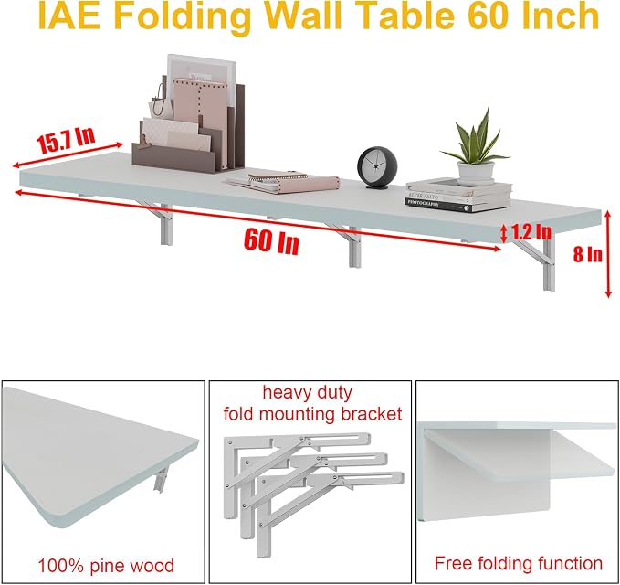 IAE Wall Mounted Folding Table with Pine Wood,60" x 16" Floating Wall Desk,Laundry Folding Table with Shelf Brackets,Fold Down Desk Shelf,Fold Workbench for Apartments,Home,Laundry Room,Kitchen,White