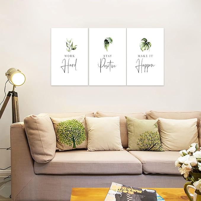 3 Piece Inspirational Wall Art, White Plants Sayings Picture, Quotes Work Stay Make it Canvas Prints for Office Decor, Triptych Entrepreneur Framed Artwork for Women Men Home Wall Decor (48" Wx24 H)