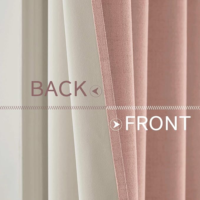 MIULEE Linen Curtains for Bedroom 100% Blackout Thermal Insulated Blush Pink Grommet Room Darkening Curtains & Drapes for Living Room 52 x 63 Inch (2 Panels)