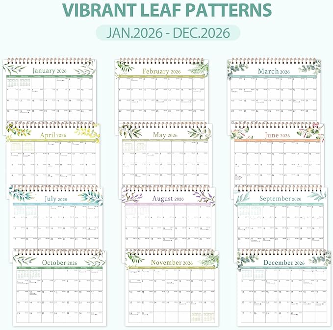 Desk Calendar 2026, Desktop Calendar 2026 Standing Flip Cover 12 Month(January - December), Small Desk Planner with Stickers & Notes for Office Accessories and Home School Supplies, Leaf