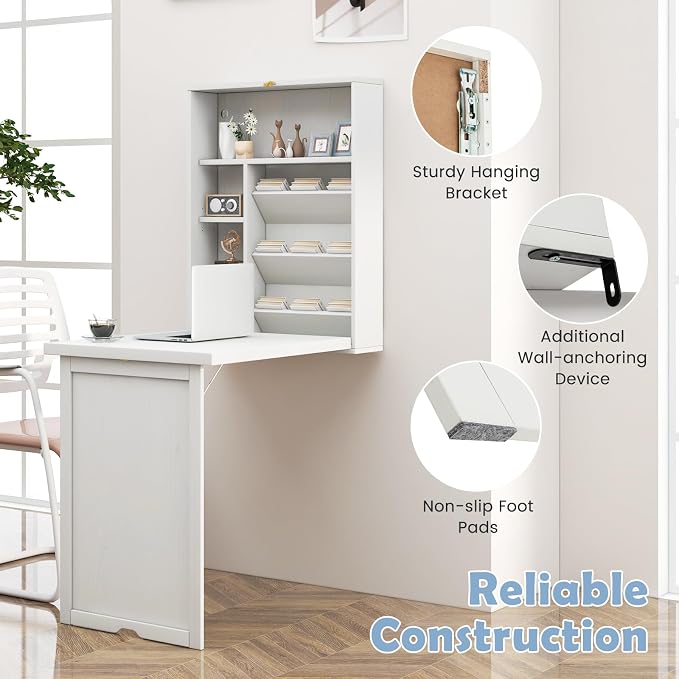 Wall Mounted Desk, Fold Out Convertible Desk with Storage Shelves, Space Saving Wall Folding Table, Home Office Floating Desks for Small Spaces (White)