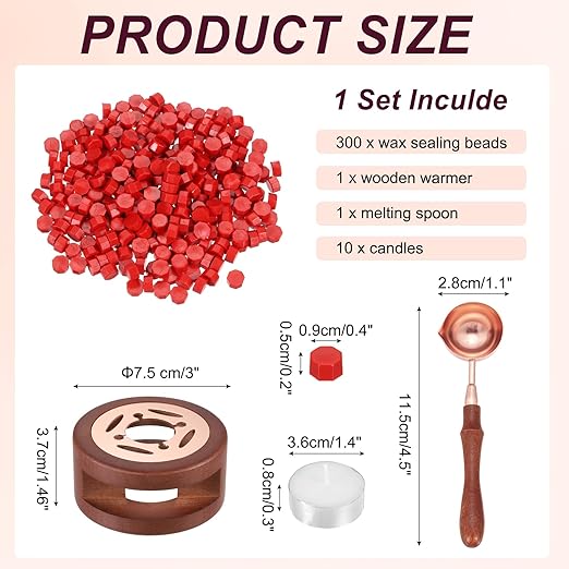 PATIKIL Wax Seal Kit, 300 Pcs Wax Sealing Beads, Wooden Warmer, Melted Spoon, 10 Pcs Tealight Candles for Envelope Letter Mailing Crafts DIY, Red