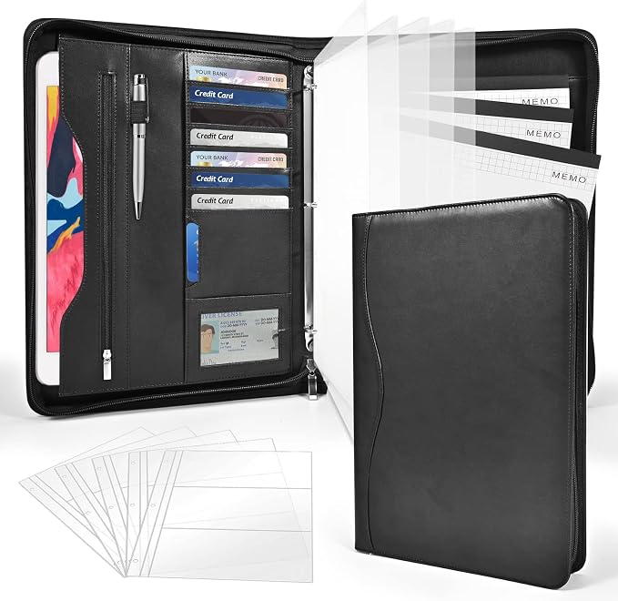 3-Ring Padfolio Portfolio Binder Organizer,PU Leather Folder Binder Business Planner Notebook Zippered Portfolio for Women/Men with Document Sleeve,Letter/A4 Size Clipboard