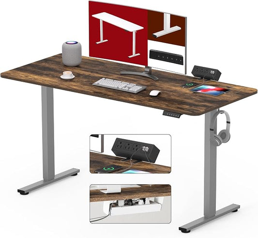 SANODESK Electric Standing Desk with Desk Clamp Power Strip 48"x 24" Whole-Piece Desktop Height Adjustable Stand Up Desk with Cable Management Sit Stand Home Office Desk Silver Frame/Rustic Brown Top